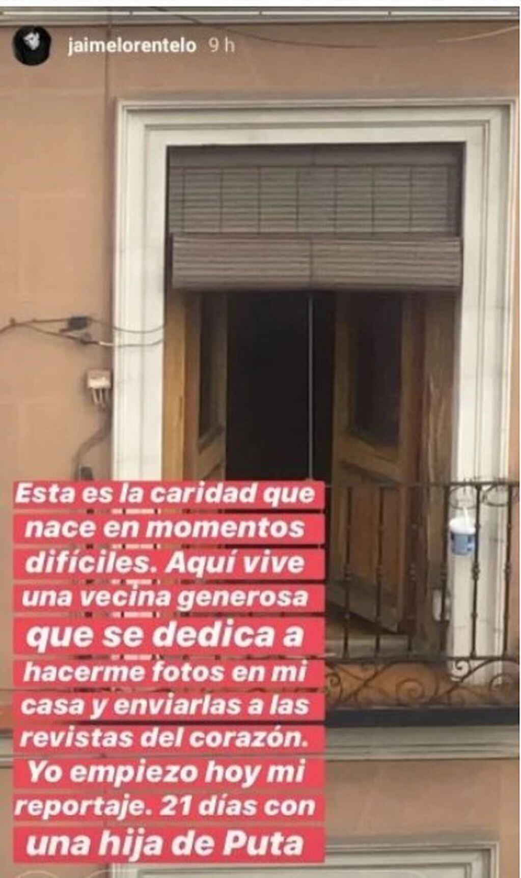 El descargo de Jaime Lorente contra su vecina (Foto: Instagram)