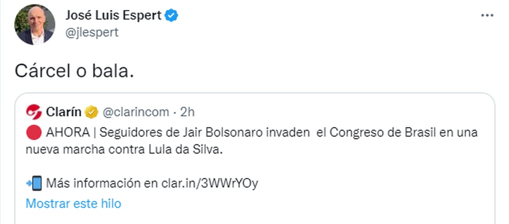 El dirigente de Avanza libertad se expresó por lo sucedido en Brasil.