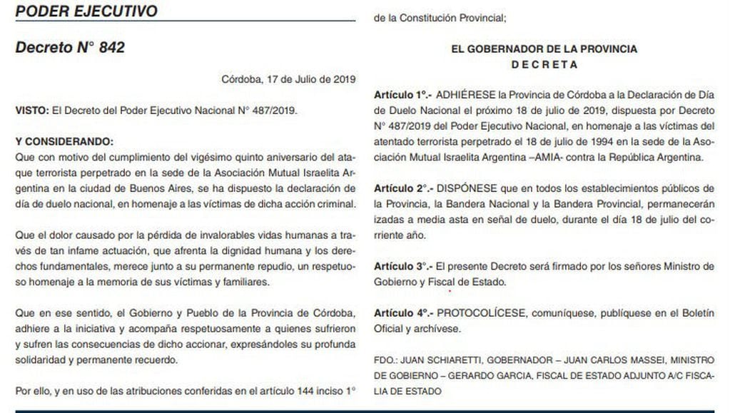 Decreto provincial N° 842 en el que se determina Día de Duelo en Córdoba.