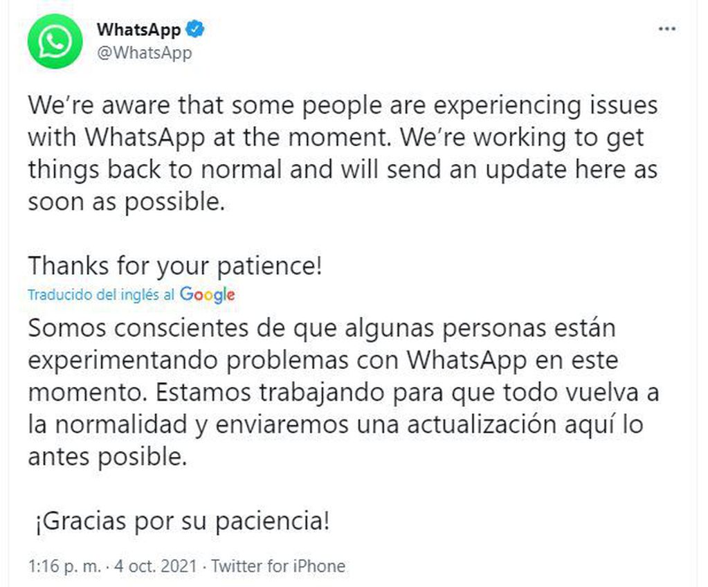 El comunicado de Whatsapp.