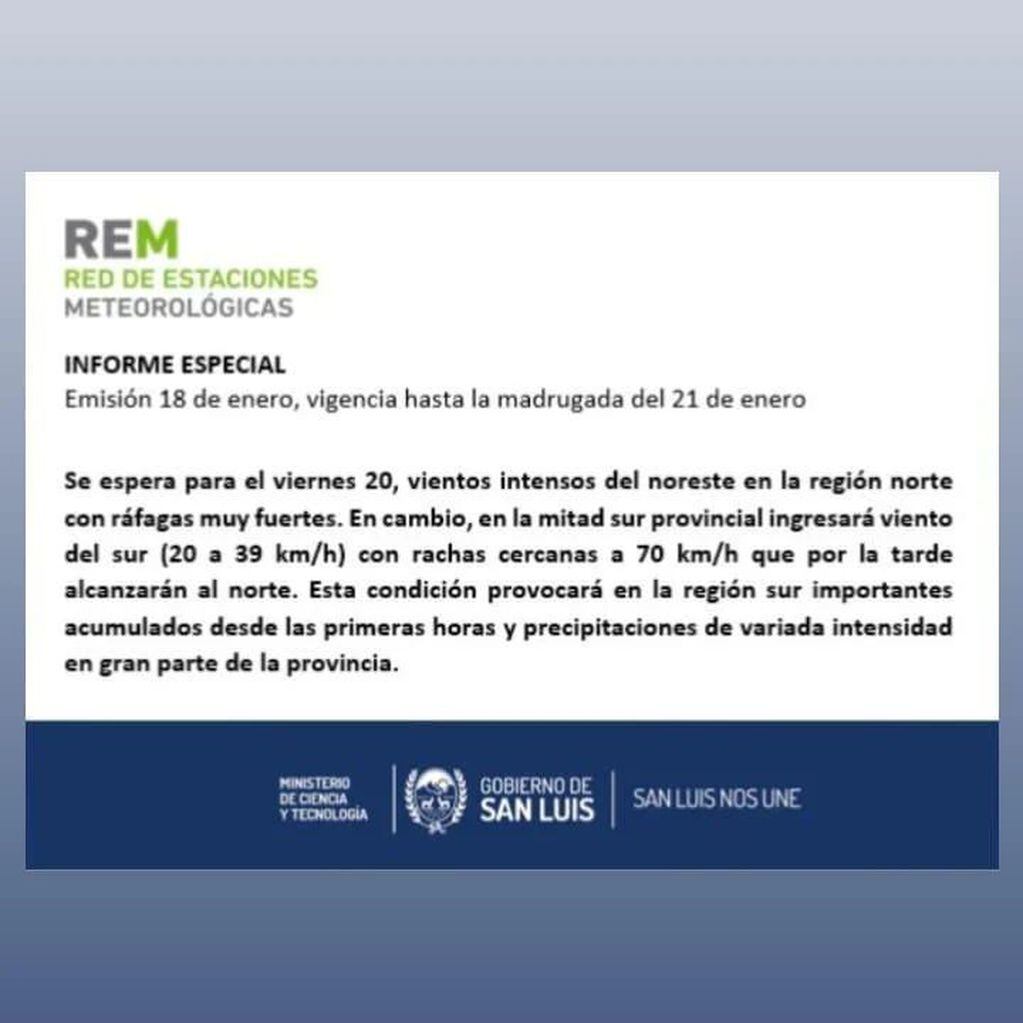 Informe especial de la Rem por fuertes vientos y lluvias para San Luis.