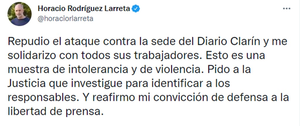 Larreta también repudió el ataque al edificio en Clarín. (Foto: Twitter)