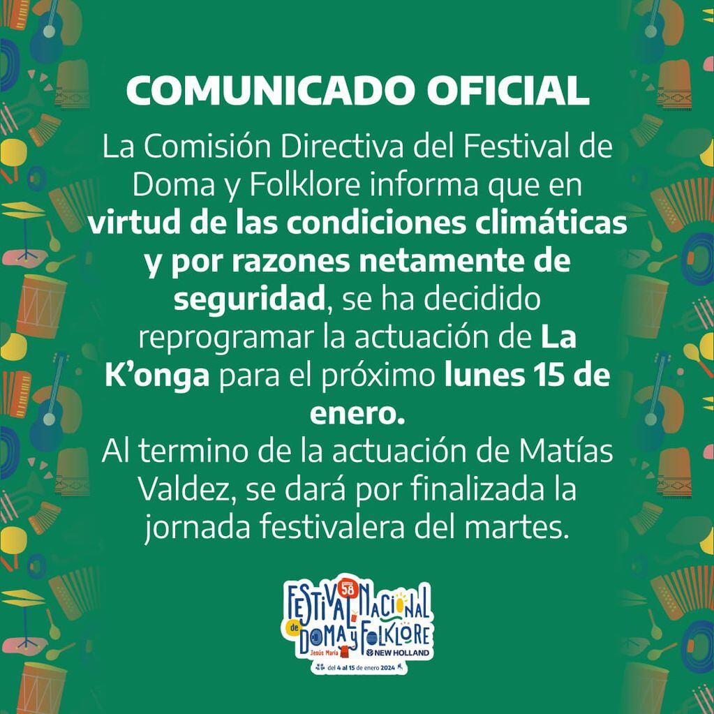 El mensaje publicado por la organización del festival tras la decisión de reprogramar el show de La Konga. (Prensa del Festival).