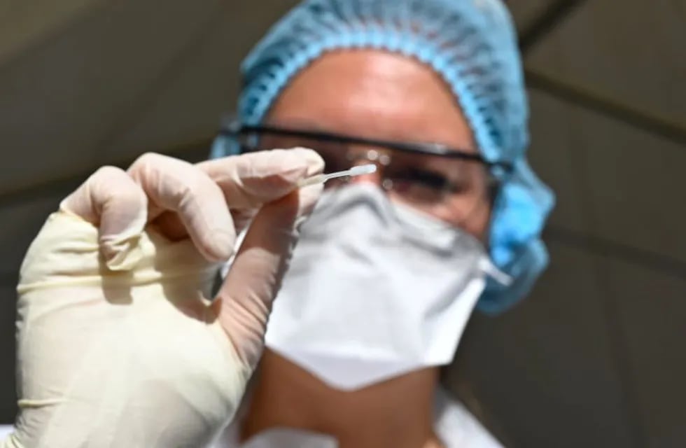 A health official shows a nasal swab sample for a Covid-19 coronavirus test in a \