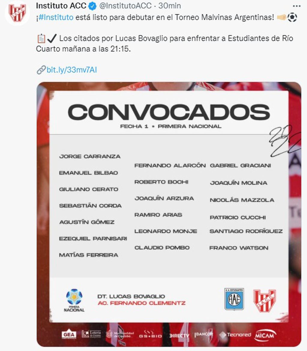 Los elegidos por Lucas Bovaglio para el debut de Instituto en Río Cuarto.