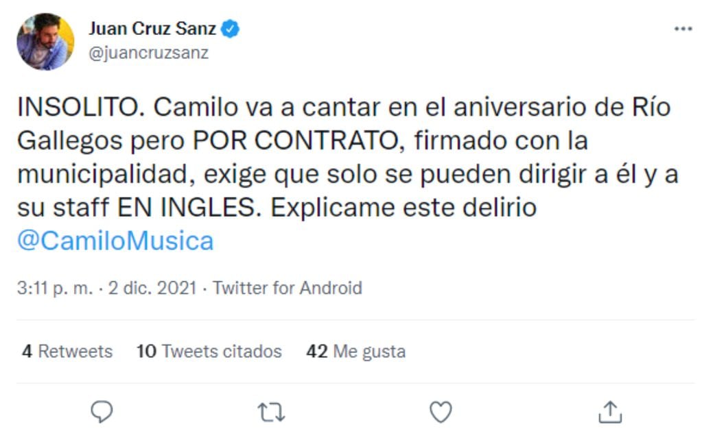Un periodista publicó la insólita exigencia que habría hecho Camilo para presentarse en un show en Río Gallegos