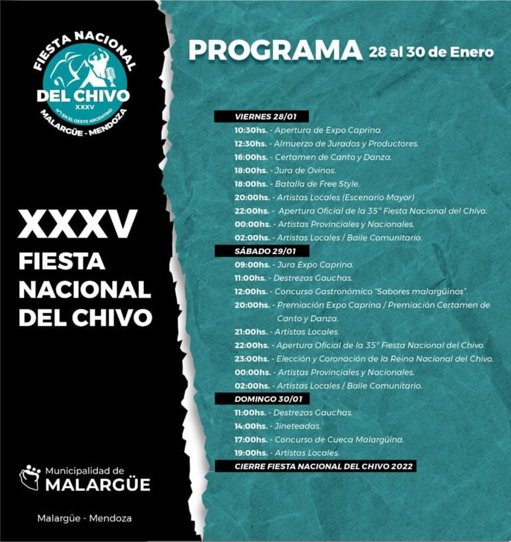 Cronograma de artistas y actividades prevista para la 35° Fiesta Nacional del Chivo en Malargüe.