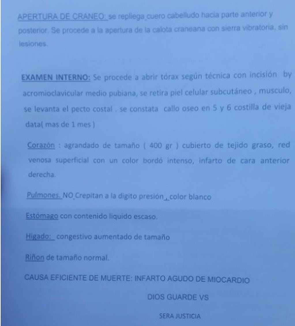 Página 1 del informe sobre la muerte del hincha de Independiente Rivadavia, Pablo Morcos.