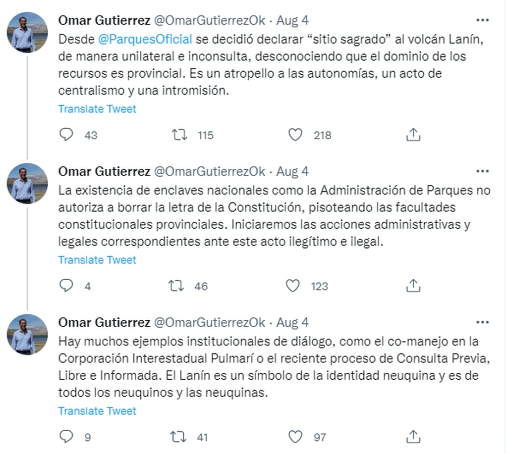 La queja del gobernador de Neuquén tras declarar sitio sagrado mapuche al volcán Lanín.