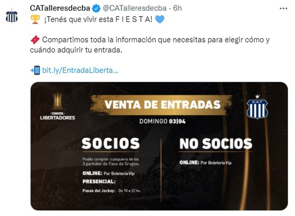 Continúa la venta de entradas para socios y no socios, para el debut de Talleres en Libertadores.