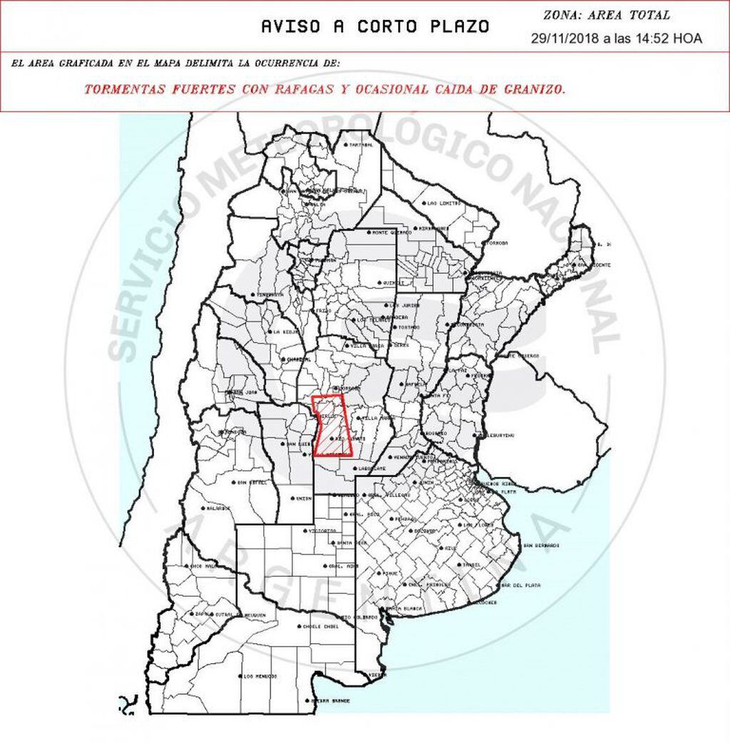 Alerta para localidades del sur de Córdoba.