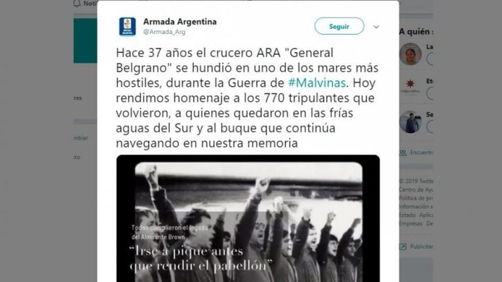 Tweet de la Armada Argentina que generó polémica.