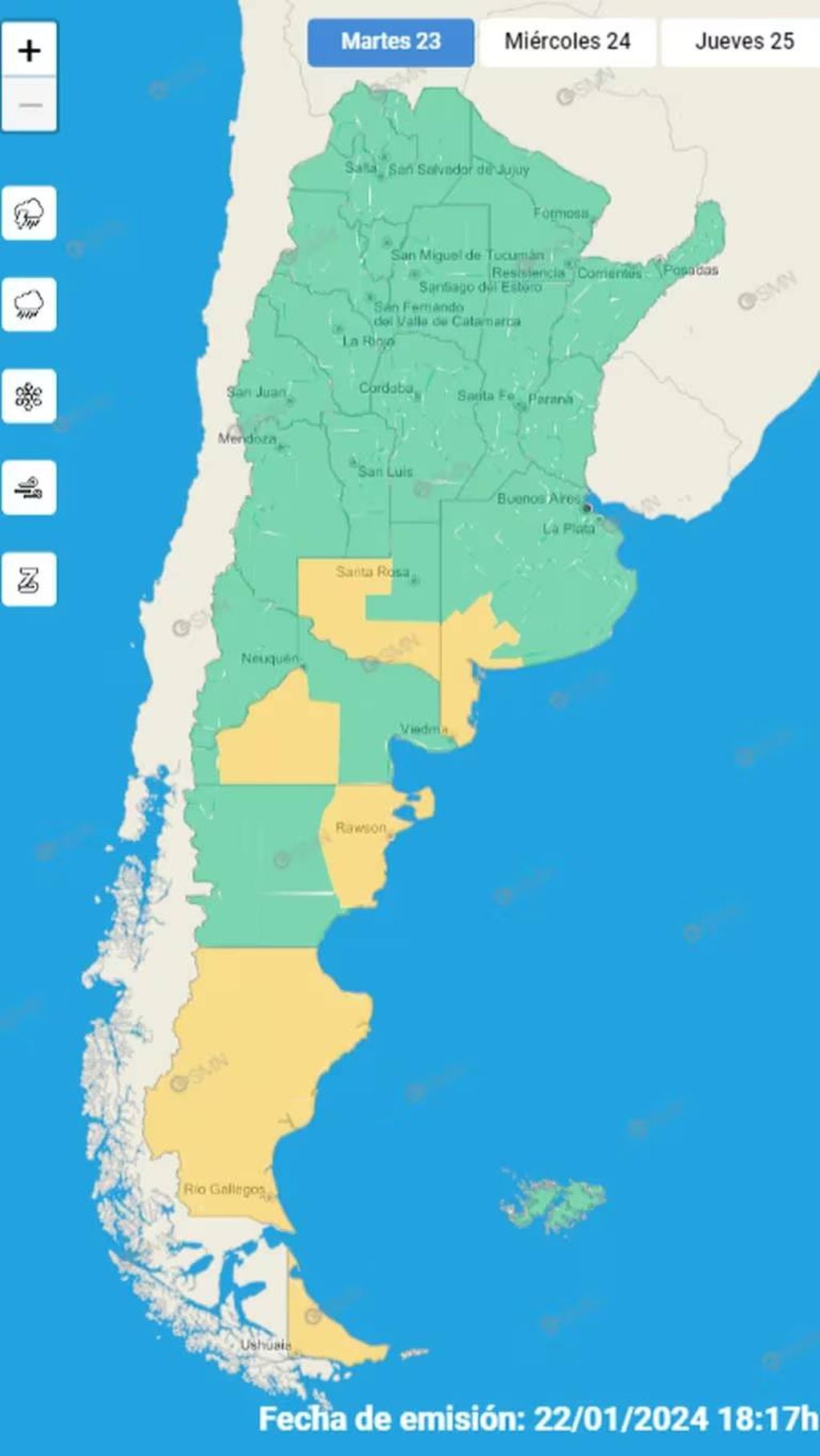 El mapa de las provincias que van a ser afectadas por el fuerte temporal.