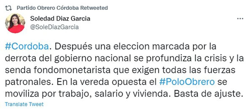 Tweet de Soledad García Díaz sobre la marcha del Polo.