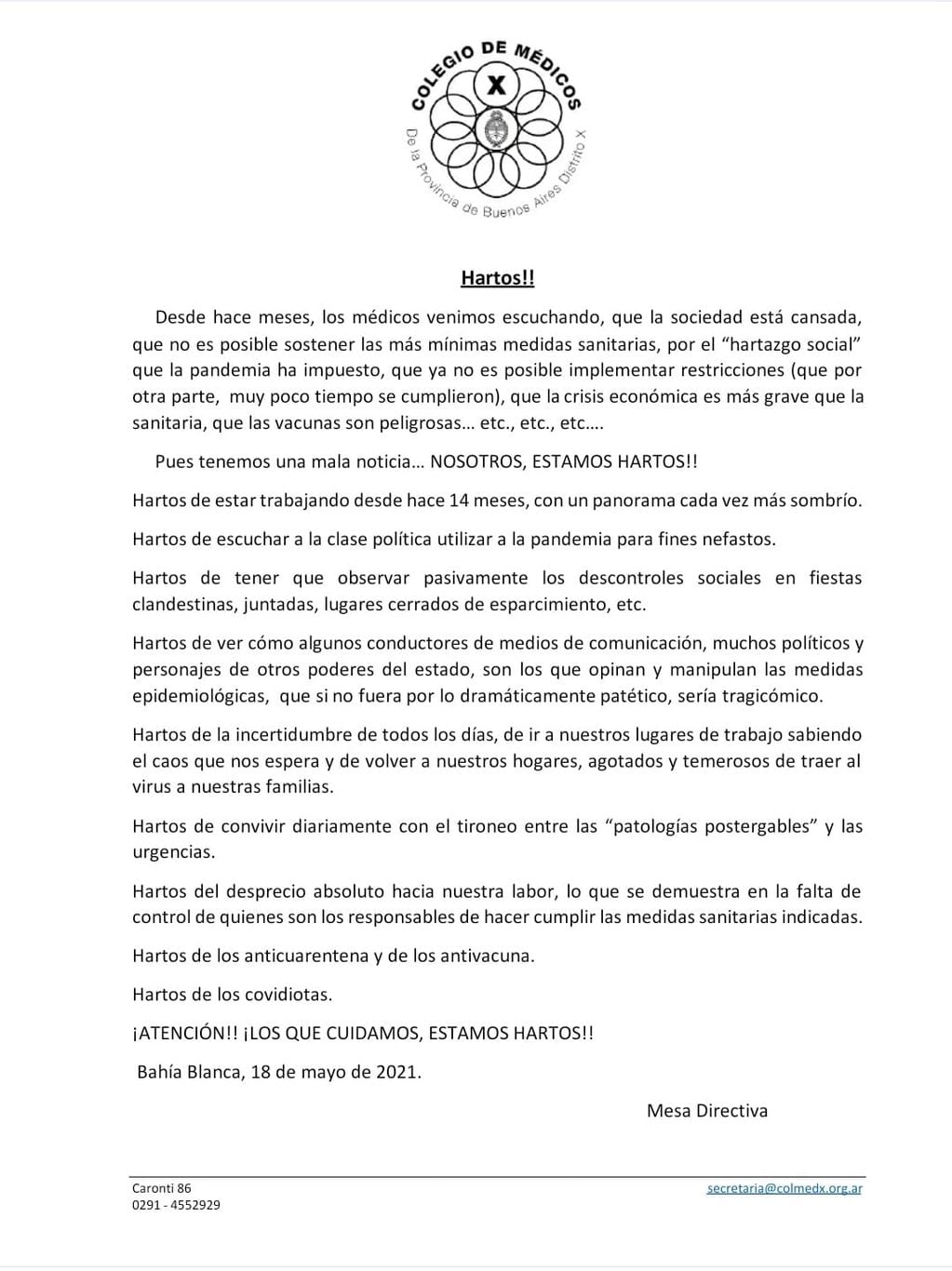 El Colegio de Médicos de la Provincia de Buenos Aires Distrito X emitió un duro comunicado dirigido a la casta política y a la clase ciudadana de Bahía Blanca
