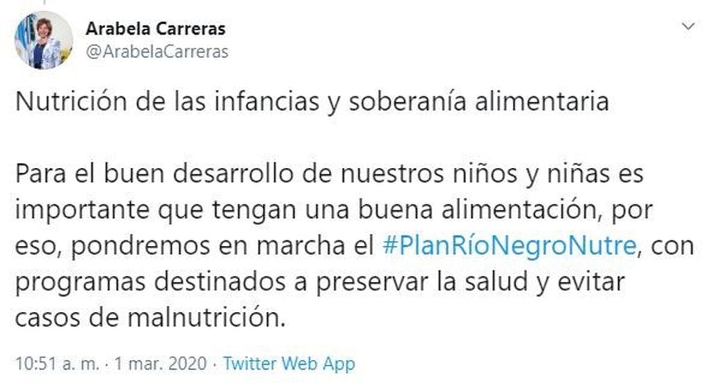 La mandataria rionegrina puntualizó a través de Twitter las temáticas que abordarán durante su primer año de gestión (web).