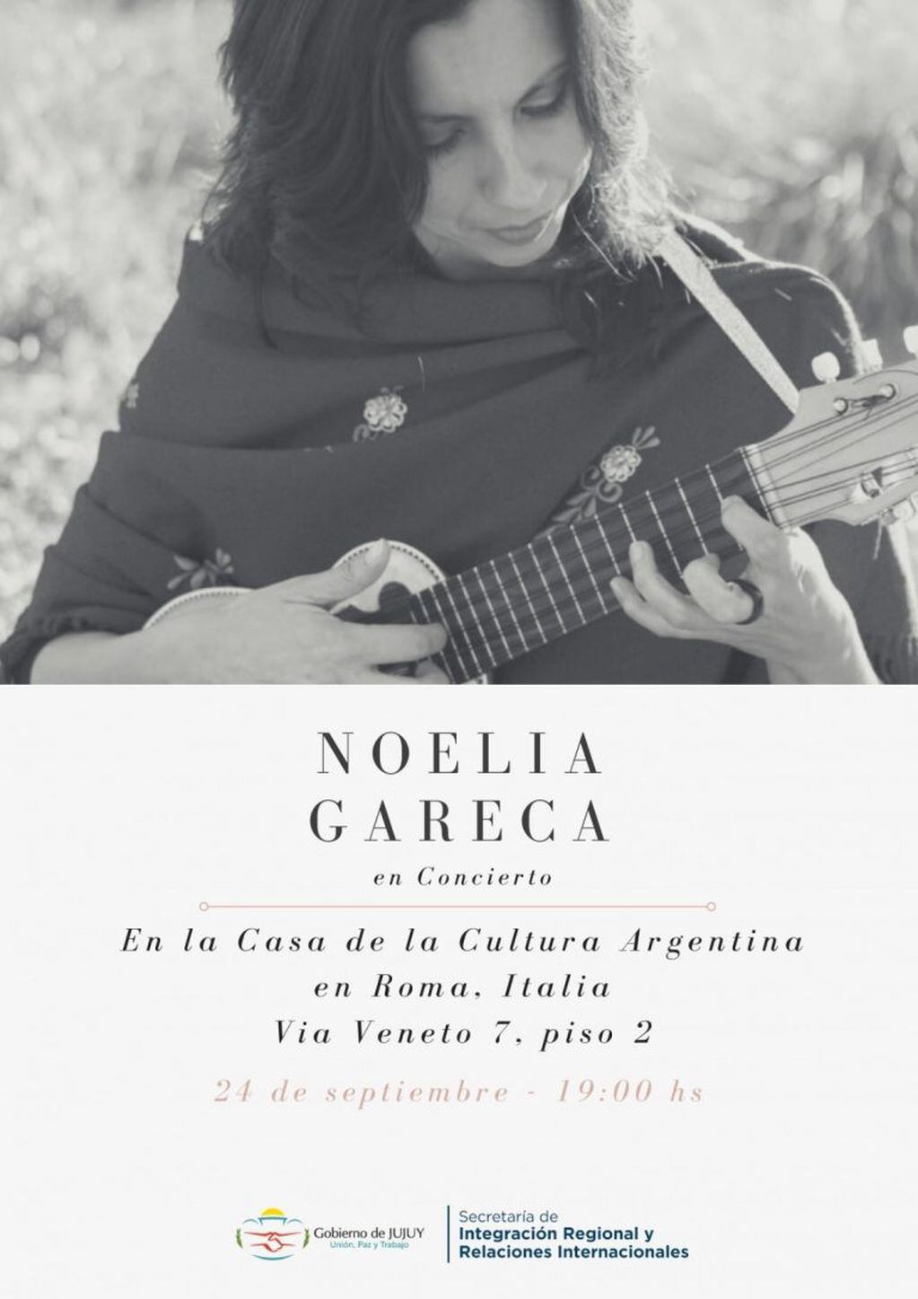La invitación a presenciar la acutación de Noelia Gareca en la capital italiana el martes próximo.