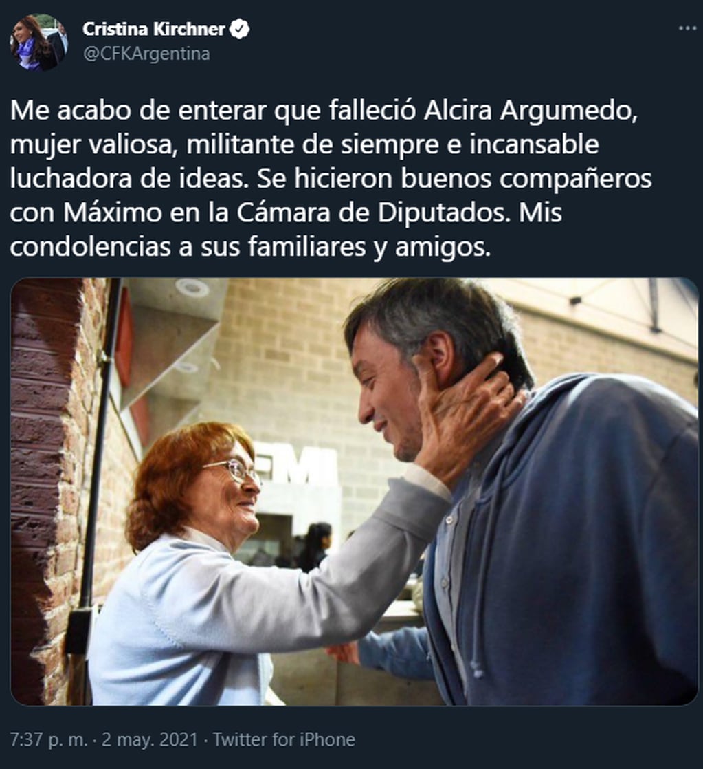 Cristina Kirchner y funcionarios del Gobierno nacional despidieron a Alcira Argumedo (Foto: Twitter)