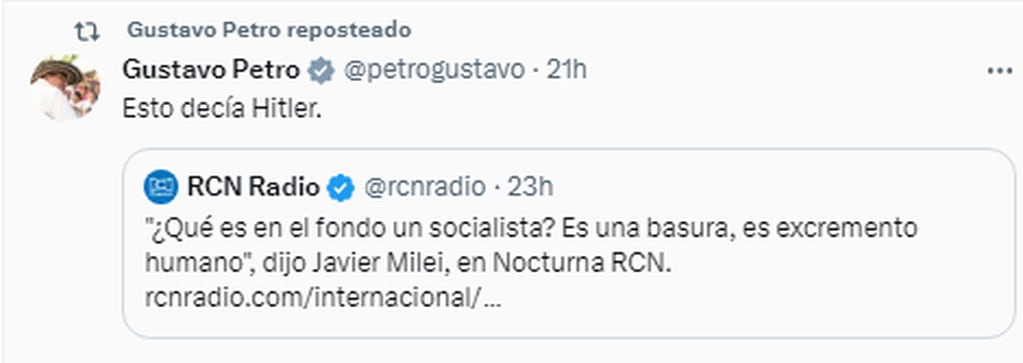 El tuit de Gustavo Petro contra Milei.