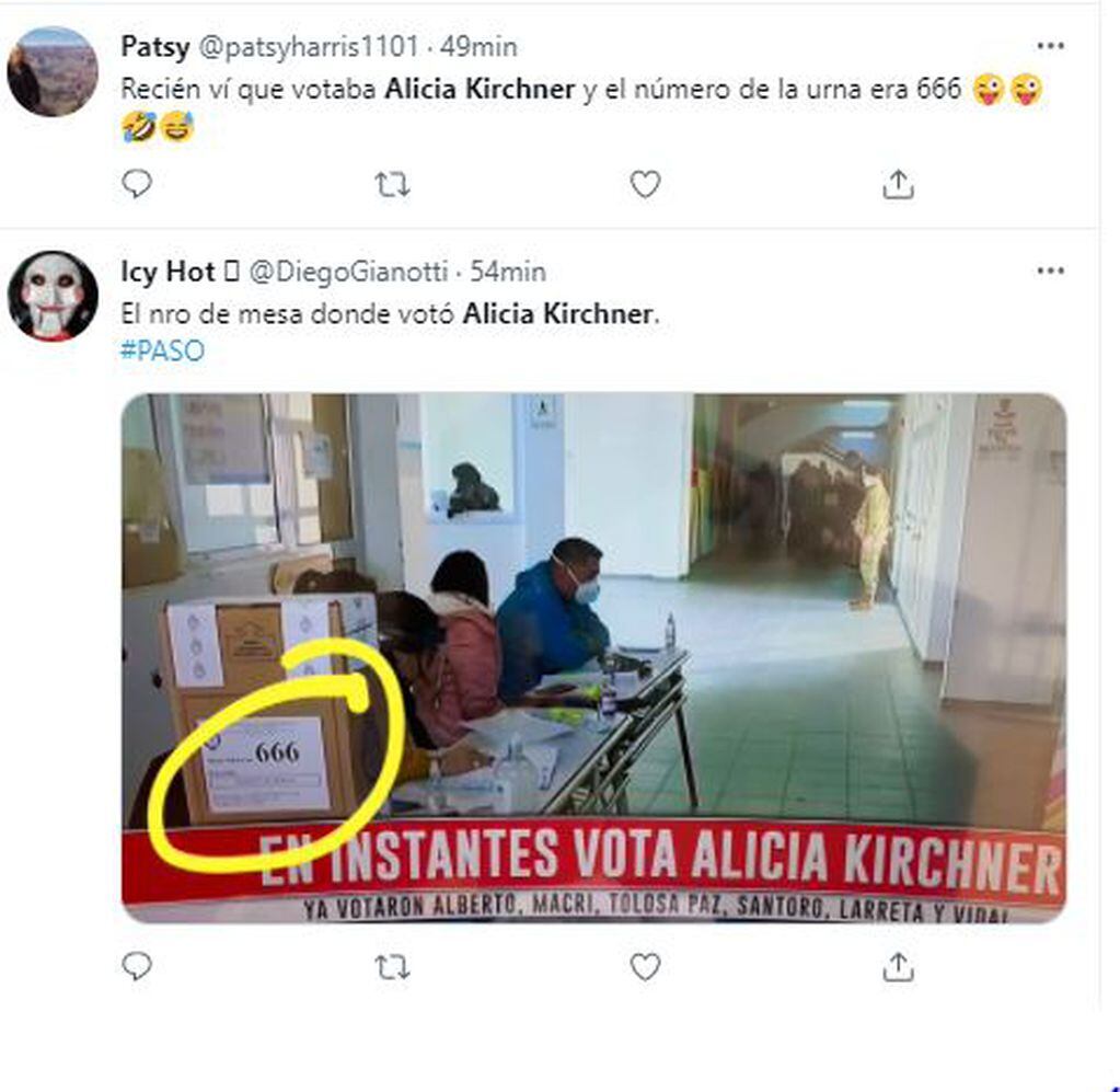 Tuits sobre la mesa en la que votó Alicia Kirchner en las PASO 2021.