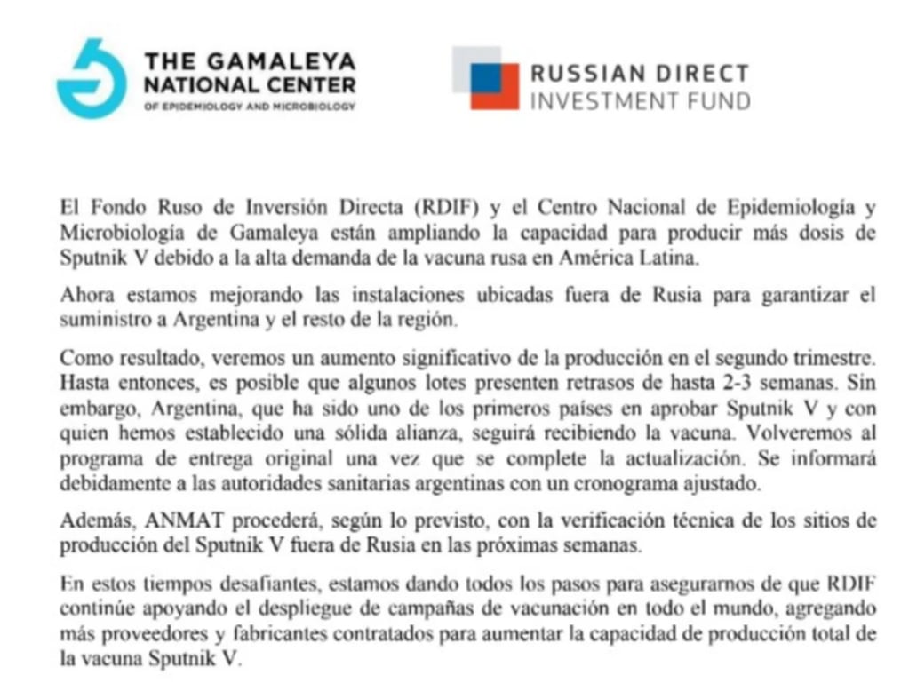 Comunicado del Fondo Ruso de Inversión Directa y The Gamaleya National Center