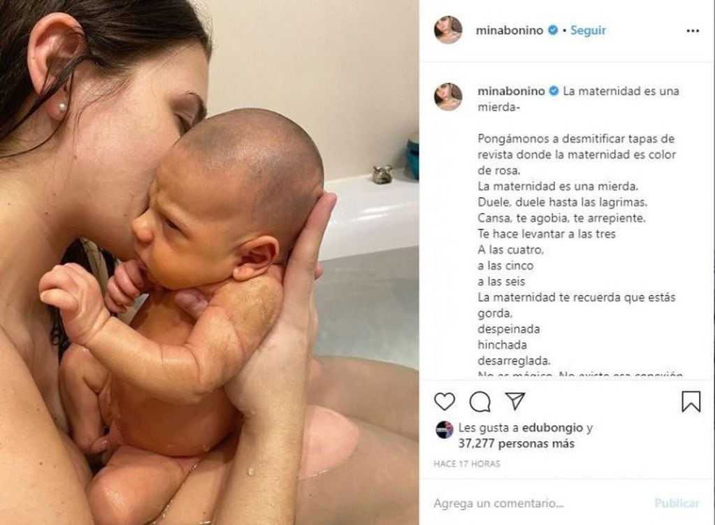 El posteo de Mina Bonino sobre la maternidad.