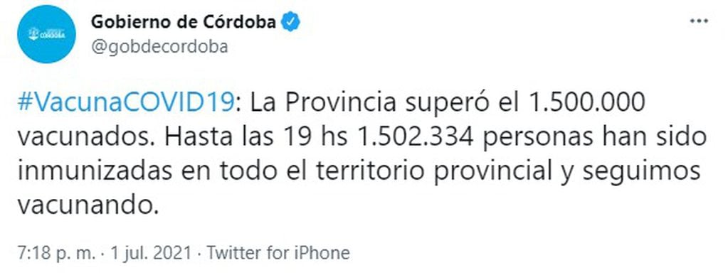 El Gobierno de Córdoba informó que superó el millón y medio de vacunados en la provincia.