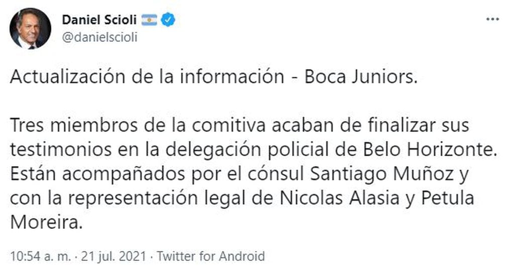 Daniel Scioli actualizó la información de Boca en Brasil.