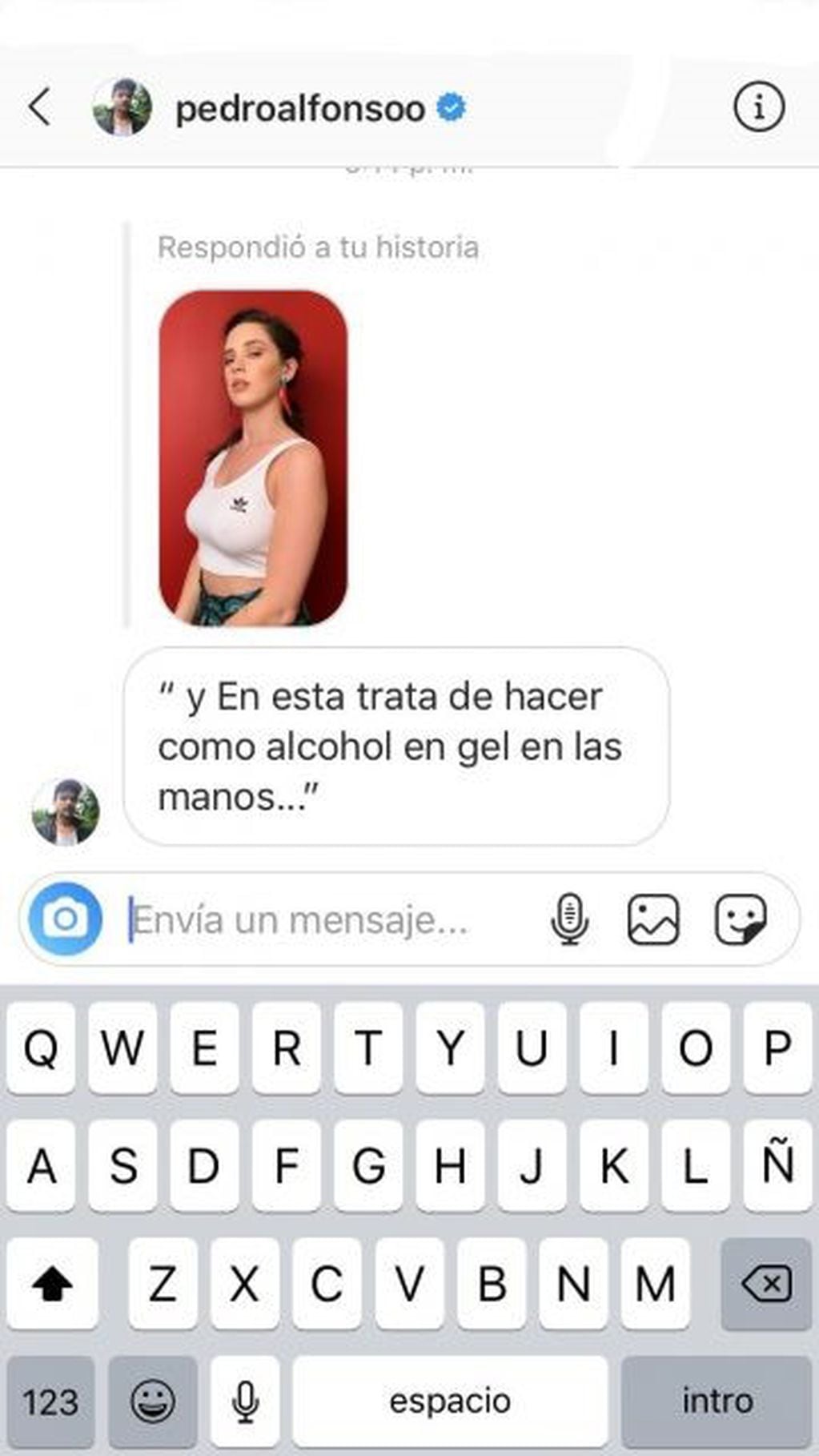 Delfi Chaves mostró el mensaje que le mandó Pedro Alfonso después de ver un sensual video que ella publicó (Fuente: Instagram)