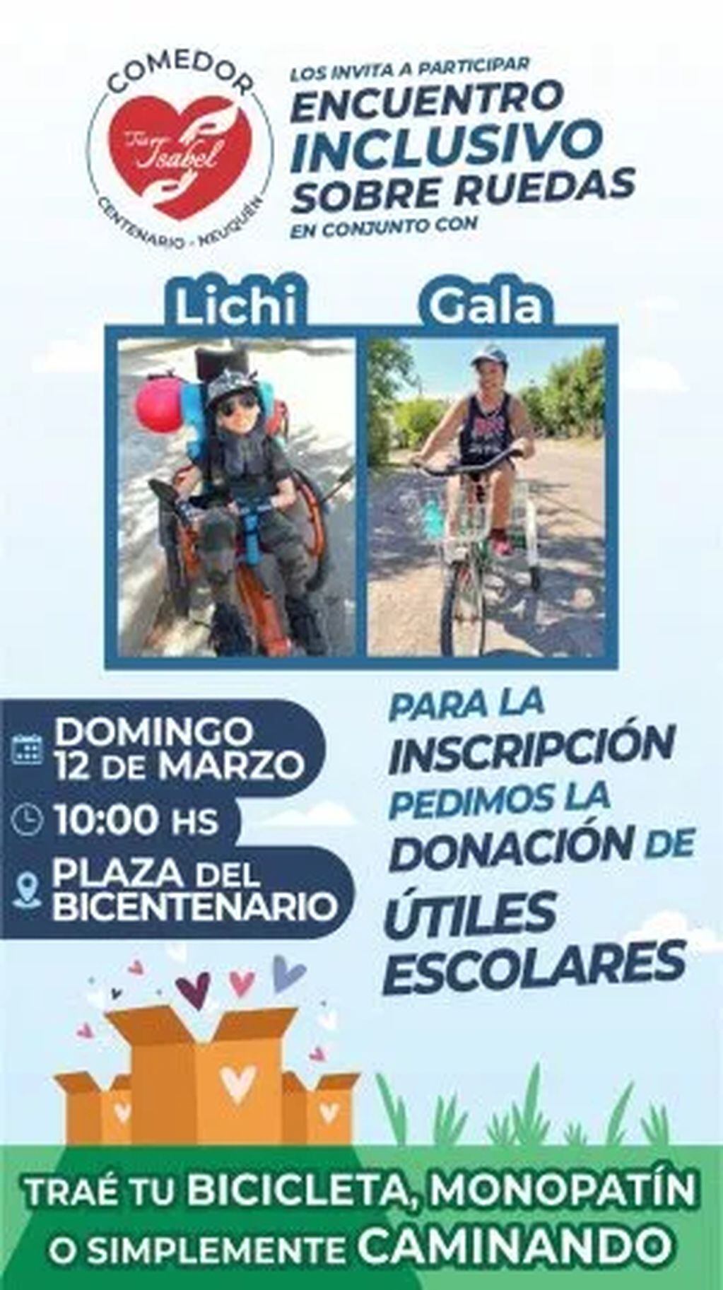 Gala y Lisandro convocan una bicicleteada solidaria e inclusiva en Centenario.