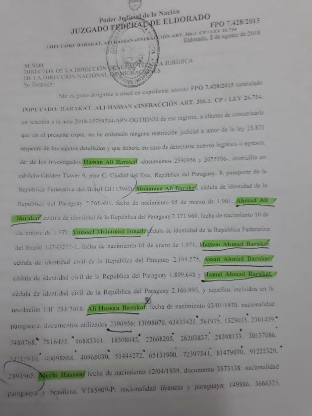 Documento judicial de la investigación del clan Barakat. (El Independiente)