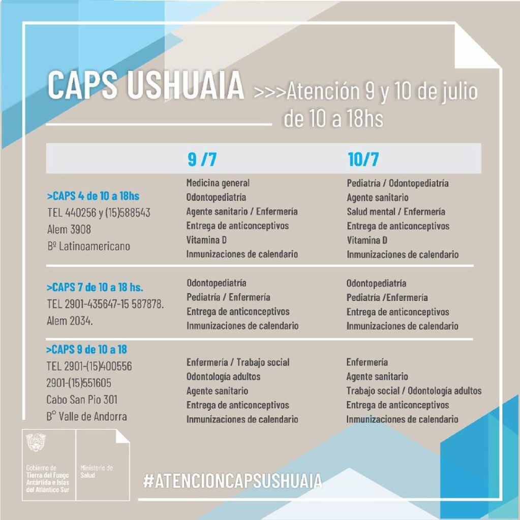 Cronograma de atención de los CAPS durante el fin de semana del 9 y 10 de julio.