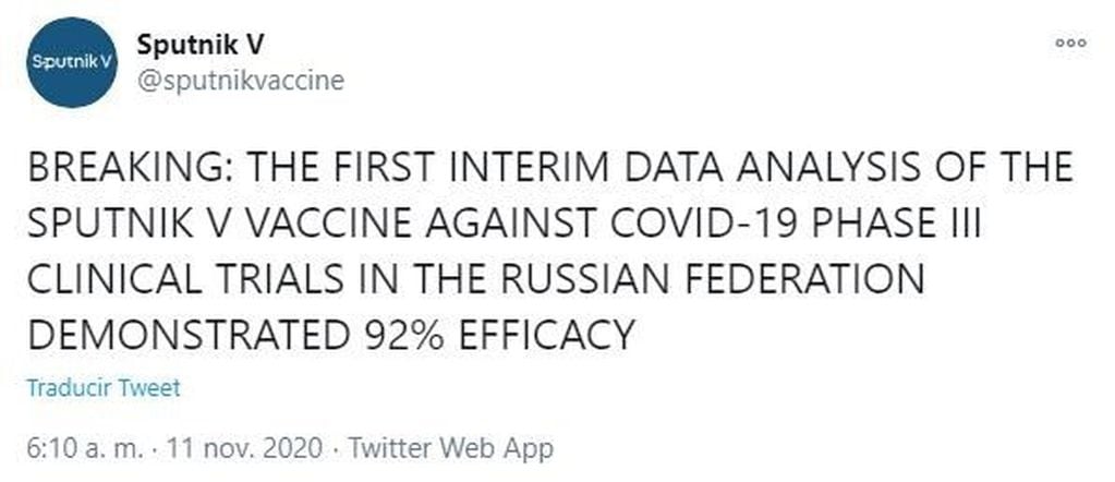 Desde la cuenta oficial de los ensayos de la vacuna rusa, informaron que la Sputnik V tiene una eficacia del 92% en las primeras pruebas de la fase 3. (Twitter)
