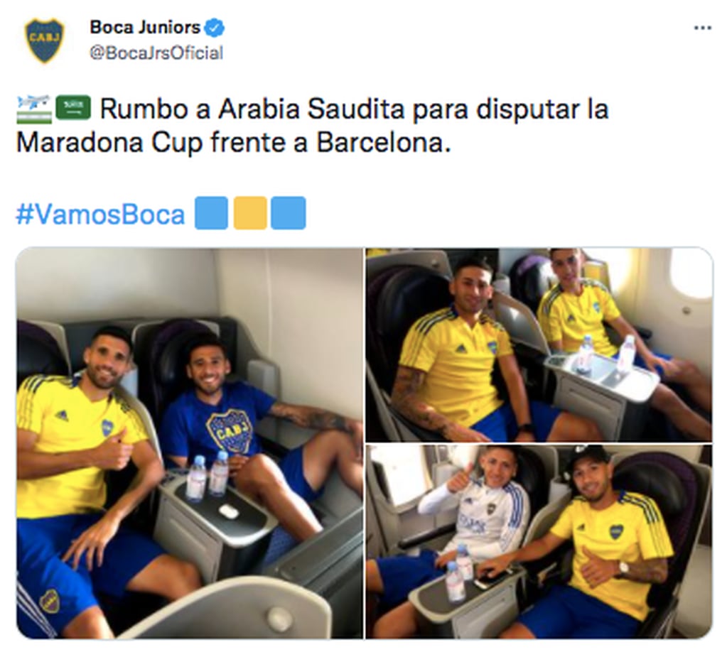 Boca emprendió su vuelo a Arabia Saudita para enfrentar al Barcelona en la Maradona Cup.