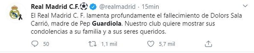 Mensaje del Real Madrid para Guardiola. (Twitter)