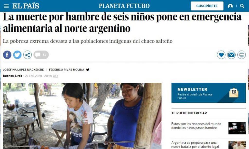 El diario El País, de España, se hizo eco de la situación desesperada que se vive en el norte de la provincia de Salta.