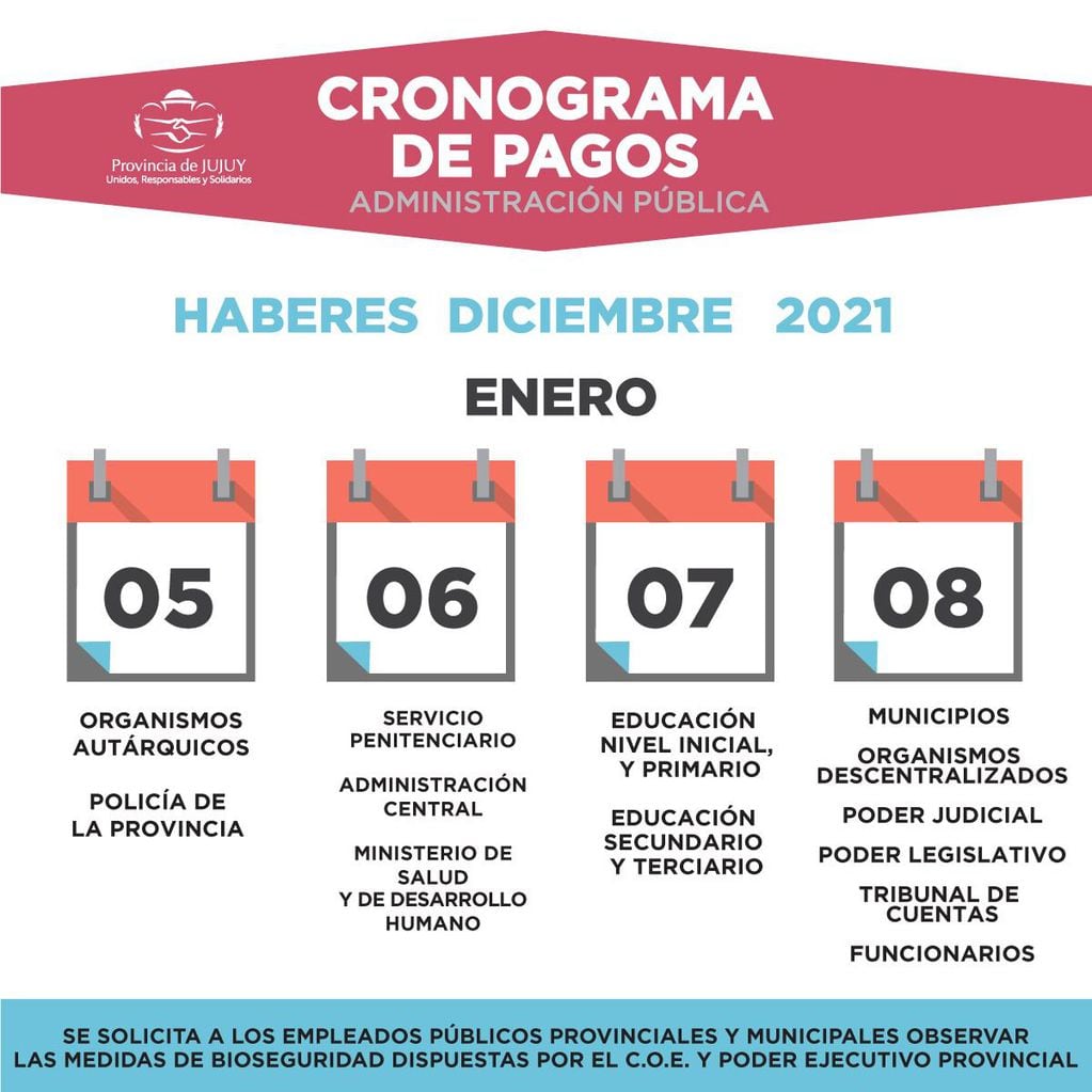Cuadro que muestra el cronograma de pago de los haberes de diciembre 2021 para trabajadores estatales de Jujuy.