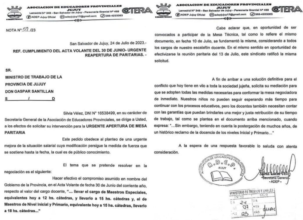 La nota presentada por ADEP en el Ministerio de Trabajo de Jujuy, pidiendo la reanudación de las negociaciones paritarias.