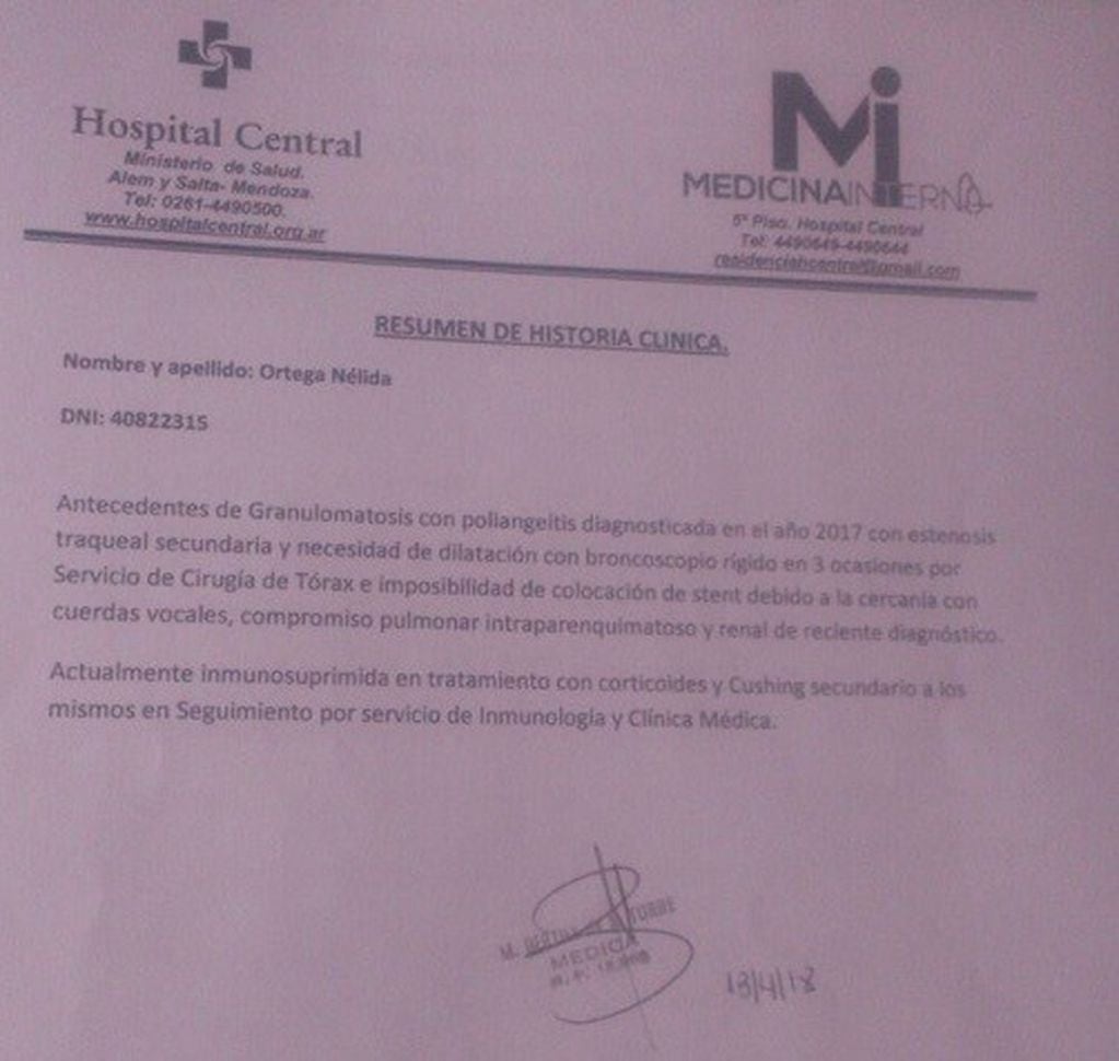 Informe médico de Cecilia Ortega.
