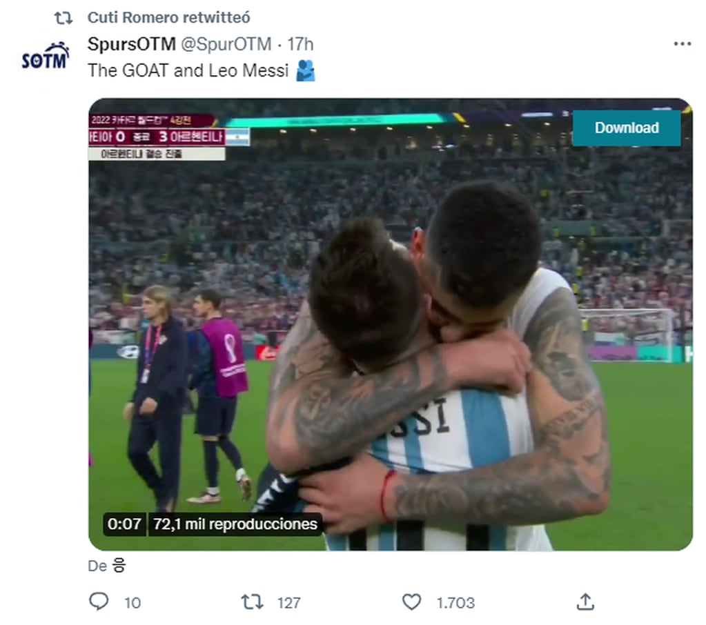 Una cuenta aficionada del Tottenham publicó un gracioso tuit sobre el Cuti Romero y Messi, y el defensor lo compartió.