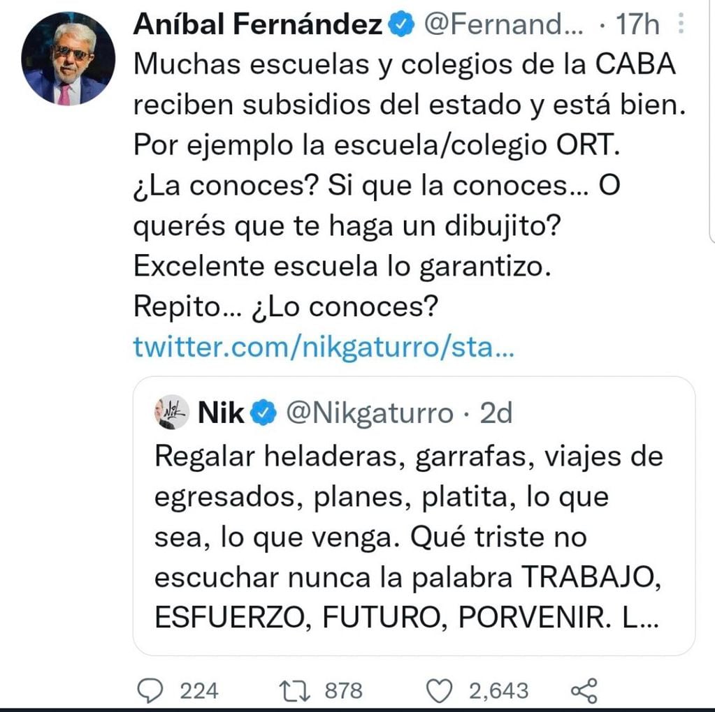 Twitter de Aníbal Fernández contra NIK