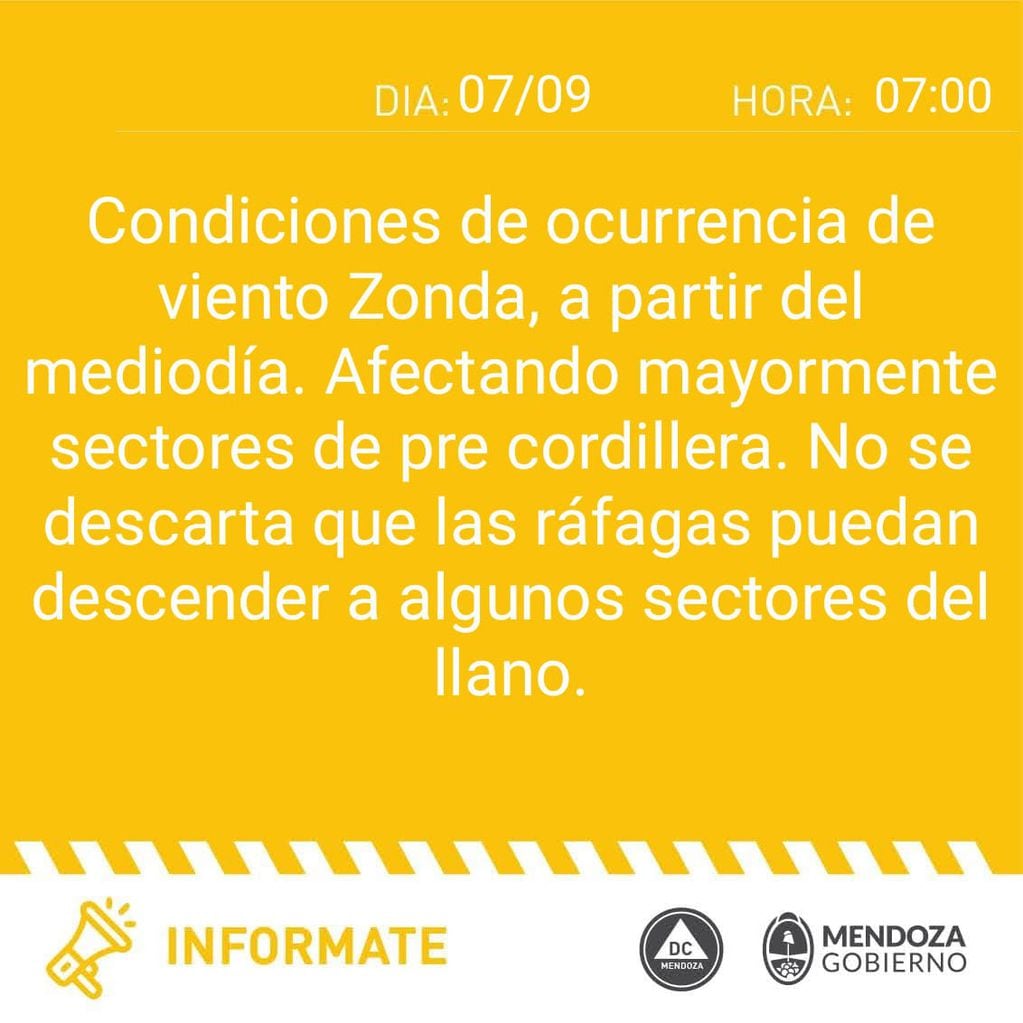 Alerta amarillo por viento Zonda en Mendoza (Defensa Civil)