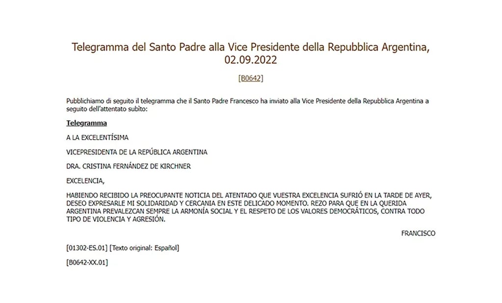 El telegrama que envió el Papa Francisco a Cristina Kirchner tras el intento de asesinato que sufrió.