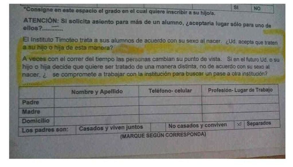 Polémica en Salta por el formulario de inscripción de un colegio.
