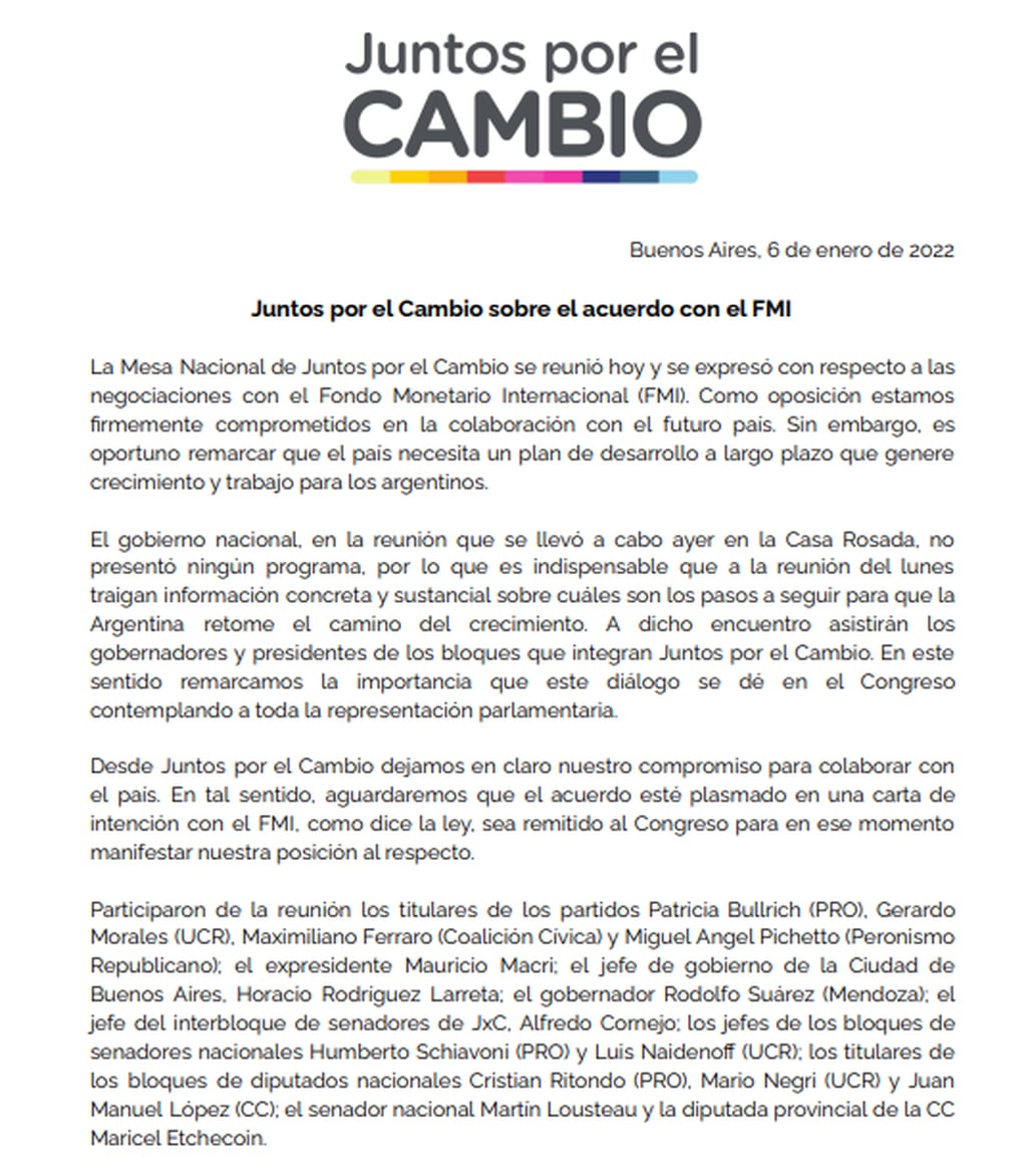 Documento de Juntos por el Cambio publicado este jueves por la tarde, en referencia a la reunión prevista para la semana próximo con el ministro Martín Guzmán, para escuchar un informe sobre las negociaciones con el FMI.