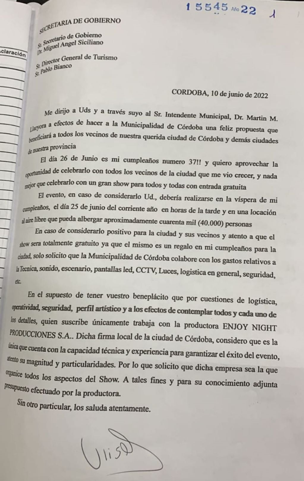 Nota de pedido del cuartetero a la Secretaría de Gobierno de la ciudad de Córdoba.