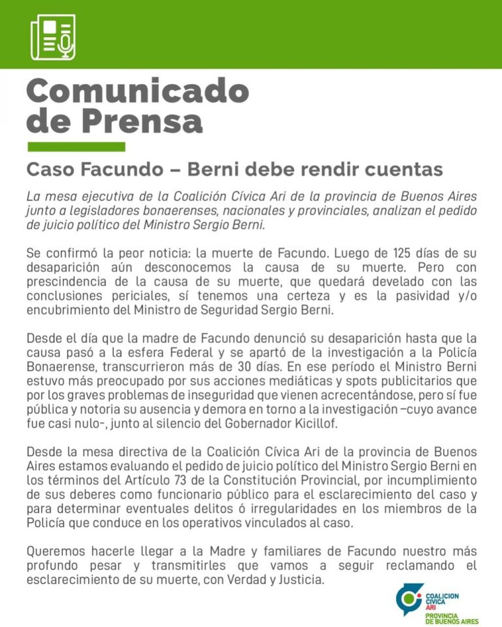 Comunicado de la Coalición Cívica Ari sobre el pedido de juicio político a Berni.