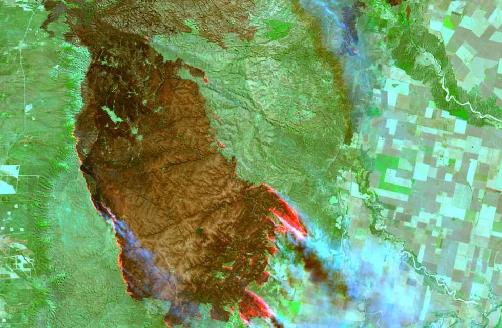Vista del área afectada por los incendios en la zona de Alpa Corral, en el límite de Córdoba con la provincia de San Luis. (Producto CONAE 2020)