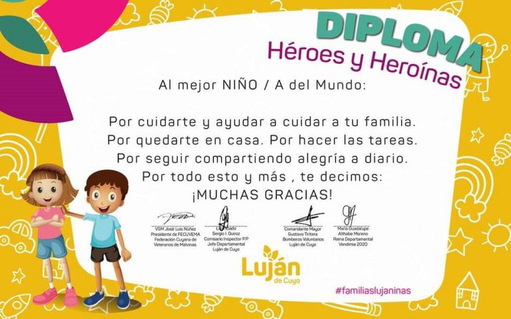 Diploma de héroes y heroínas de Luján de Cuyo.