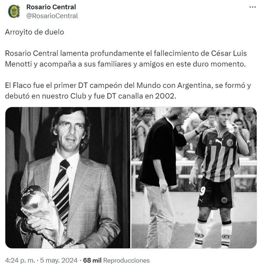 Rosario Central expresó sus condolencias por la muerte de César Luis Menotti.